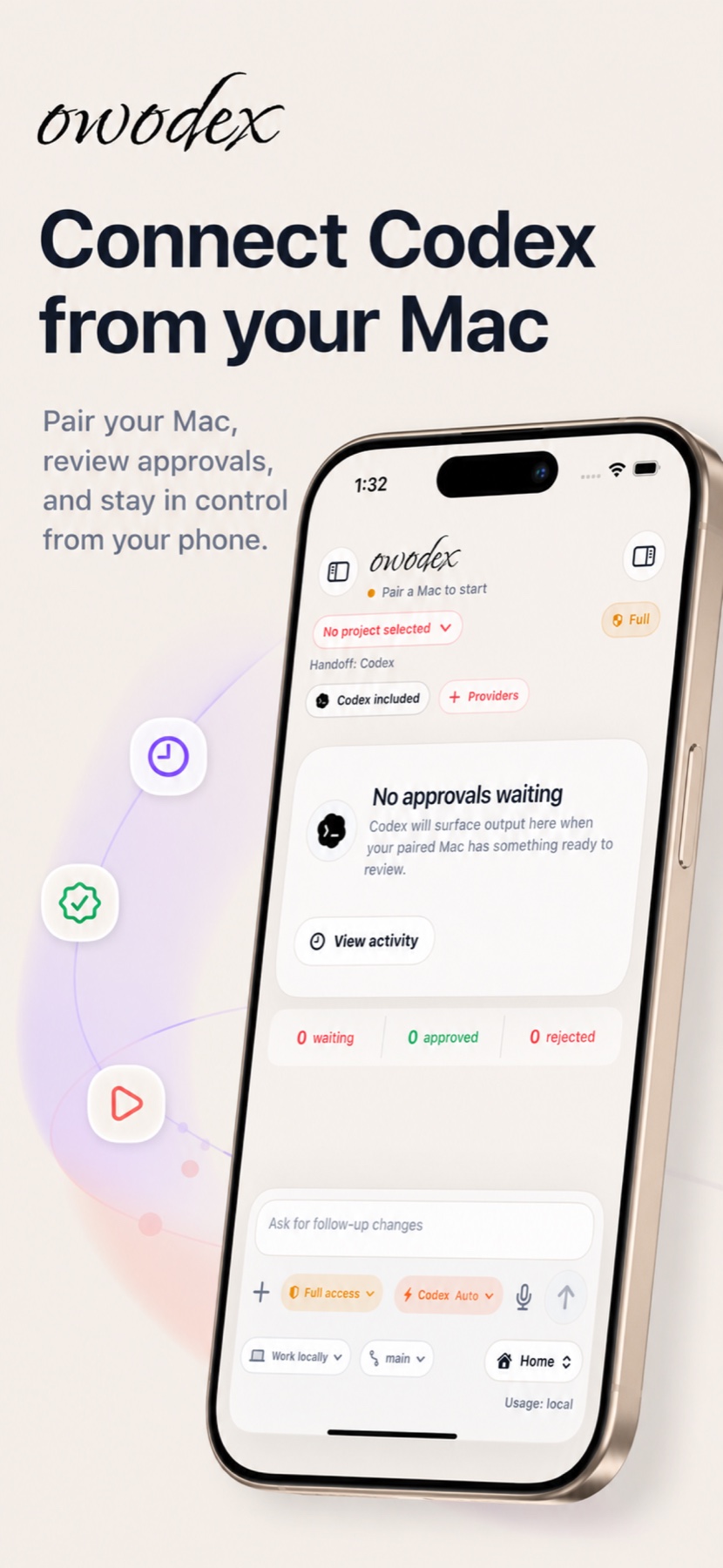Owodex app showing Mac pairing, approval status, and Codex controls on iPhone