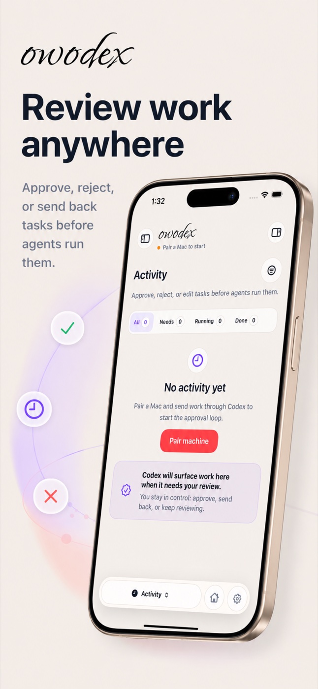 Owodex activity screen showing review controls